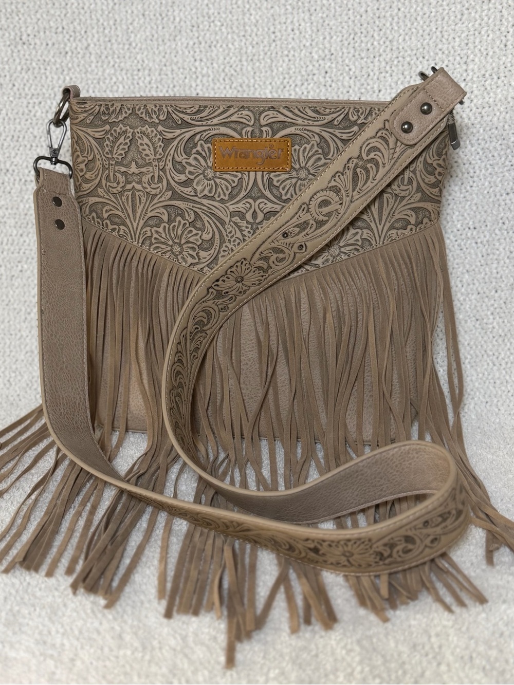 Wrangler Tan Tooled Leather Fringe Crossbody Bag